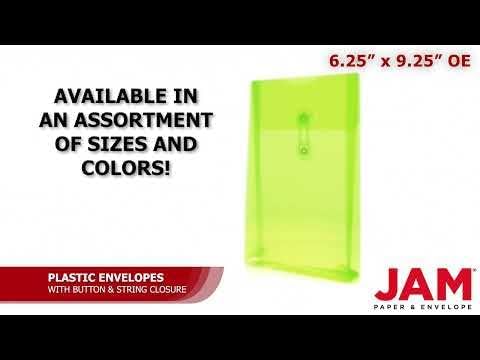 JAM PAPER Plastic Envelopes with Button & String Tie Closure - 6 1/4 x 9 1/4 - Lime Green - 3/Pack