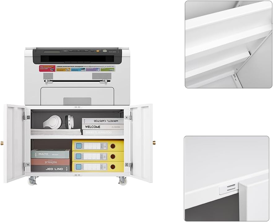 Metal Printer Stand with Storage, Large Black Printer Cabinet with Wheels and Adjustable Shelf for Home Office, Heavy Duty Printer Table