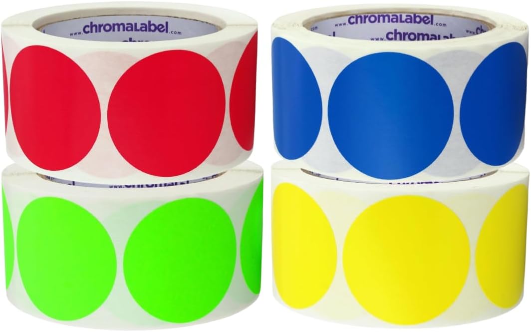 ChromaLabel 2 Inch Round Colored Stickers, Permanent Colored Labels, Colored Stickers for Arts and Crafts - 500 Sticker Dots per Roll, Red, Fluorescent Green, Yellow, and Dark Blue Sticker Labels