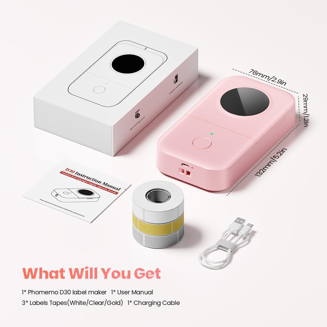 Phomemo D30 Label Maker Machine with 3 Tapes - White Clear Gold Labels, Portable Handheld Bluetooth Mini Label Maker Printer, Multiple Templates for Smartphone Thermal Small Label Printer Rechargeable