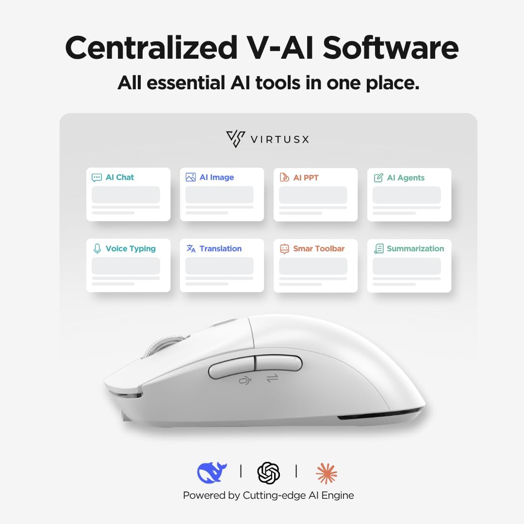 Virtusx AI Mouse, Jethro V1 – AI Voice & Audio Recorder, Note Taking Mouse for Computer & Laptop with Centralized AI Software, AI Writing Tools, Voice Typing, Transcribe, Translate & Summarize