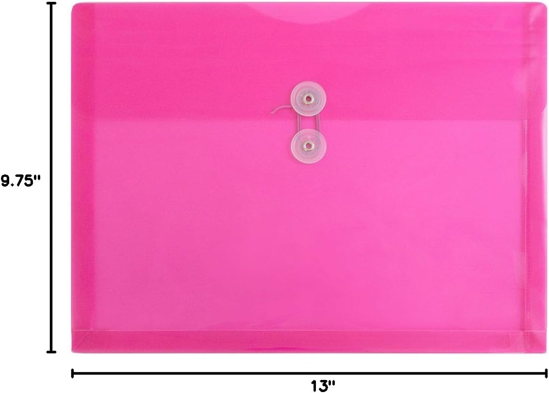 JAM PAPER Plastic Envelopes with Button & String Tie Closure - Letter Booklet - 9 3/4 x 13 - Fuchsia - 12/Pack