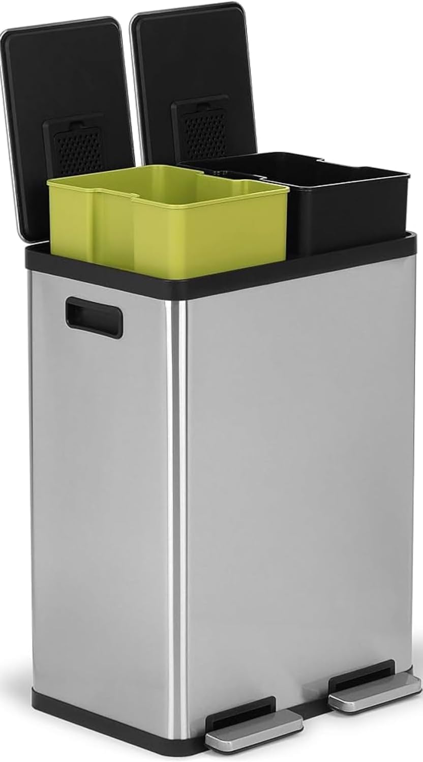 SIMPLI-MAGIC 16 Gallon (60L) Dual Compartment Step Trash Can – Kitchen Garbage Can with Waste & Recycling Bins – Slow-Close Lid, Odor Control, Hands-Free, Inner Bases, Premium Stainless Steel