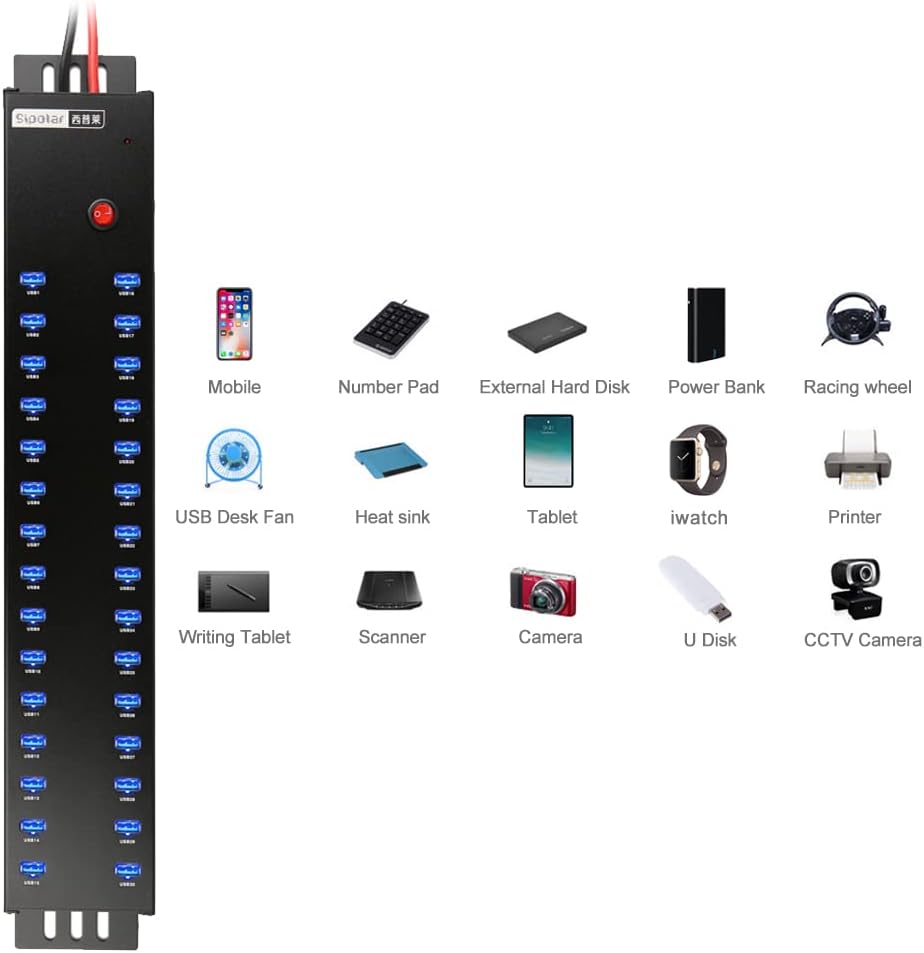 Industrial USB 2.0 Hub 30 Ports with 300W Power Supply Wall Mountable Support Refurbishing and Brush, Batch Data Transfer