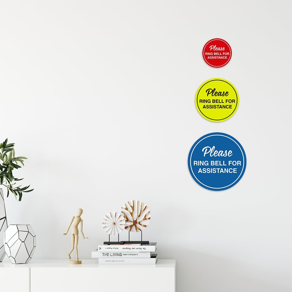 Signs ByLITA Circle Please Ring Bell For Assistance Wall or Door Sign | Easy Installation | Front Desk Reception Sign (Yellow/Black) - X-large (5 Pack)