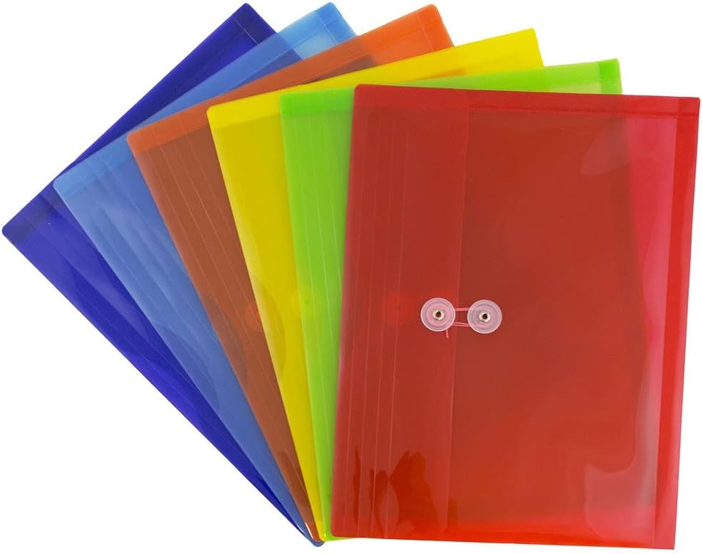 JAM PAPER Plastic Envelopes with Button & String Tie Closure - Letter Booklet - 9 3/4 x 13 - Assorted Primary Colors - 6/Pack