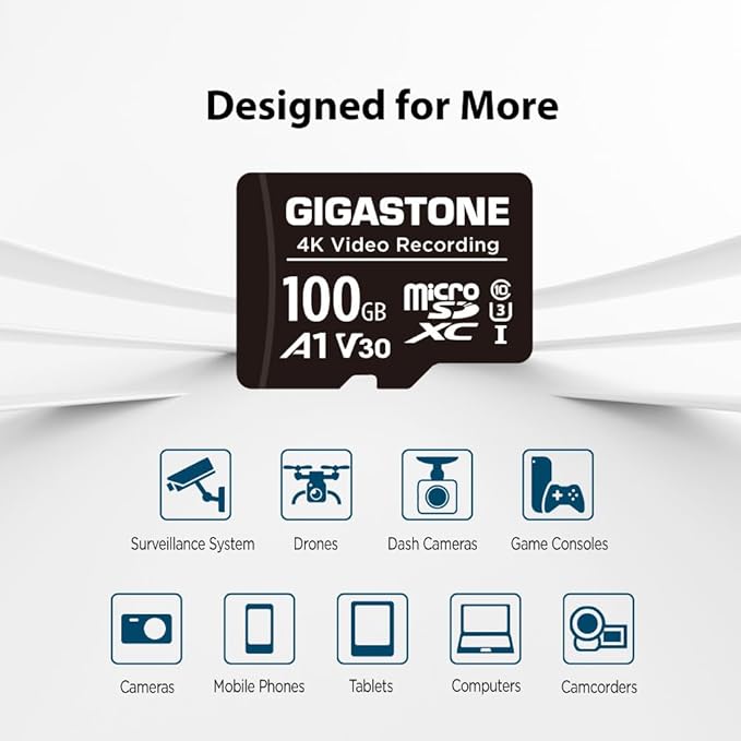GIGASTONE 100GB Micro SD Card, A1 V30 4K Video Recording, Compatible with Security Camera, Dash Cam, Drone, 100MB/s MicroSDXC Memory Card UHS-I, with Adapter