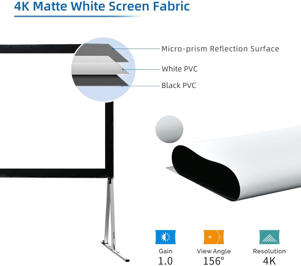 Projector Screen with Stand 144inch, SCREENPRO Portable Fast-Folding Movie Screen with (Max 20.7") Adjustable Leg and Carry Bag, 16:9 HD 4K Indoor/Outdoor Projector Screen for Home Theater