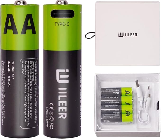 2000mAh USB-C Rechargeable AA Batteries, 1200 Cycles Life, Fast Charging with Type-C Cable, for Gaming Controllers, Mouse, Keyboard & Home Electronics, Black Green (12)