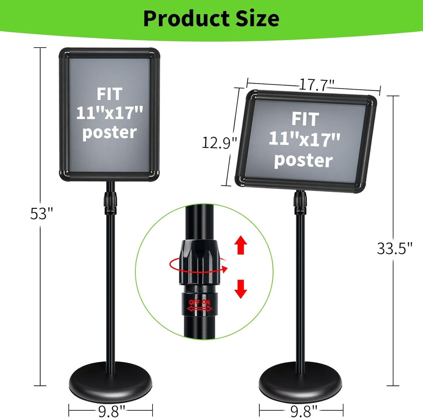 2Packs Adjustable Pedestal Sign Holder Stand 11''x17'', Floor Standing Poster Sign Stand for Vertical/Horizontal View Sign stand,Outdoor/Indoor Standing Sign Holders(Black, Round)