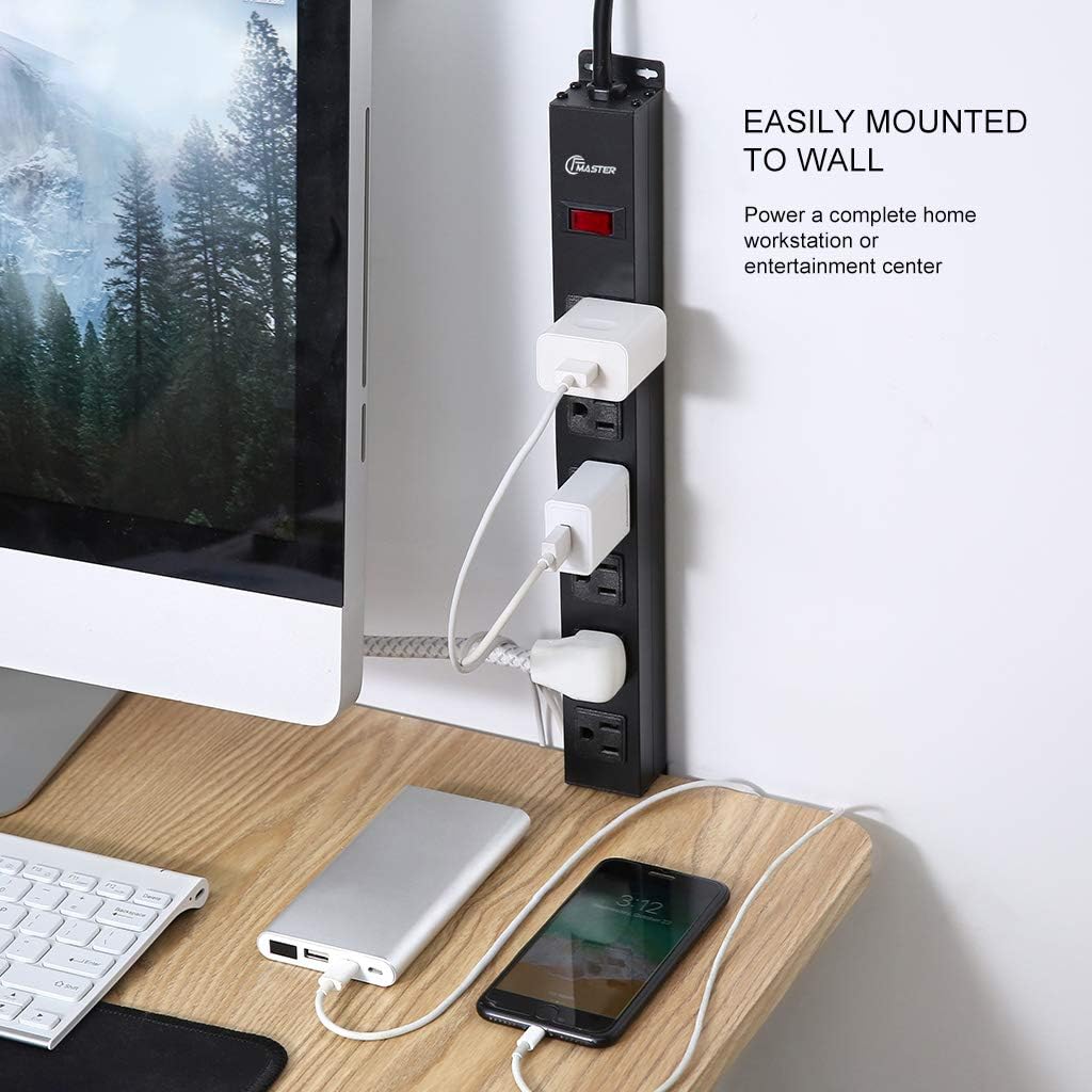 6 Outlet Heavy Duty Power Strip with Long Power Cord,Mountable Power Strip Without Surge Protector for Garage,Industrial,School and Home,15A 125V 1875W,ETL Approved and Listed,Black (8FT)