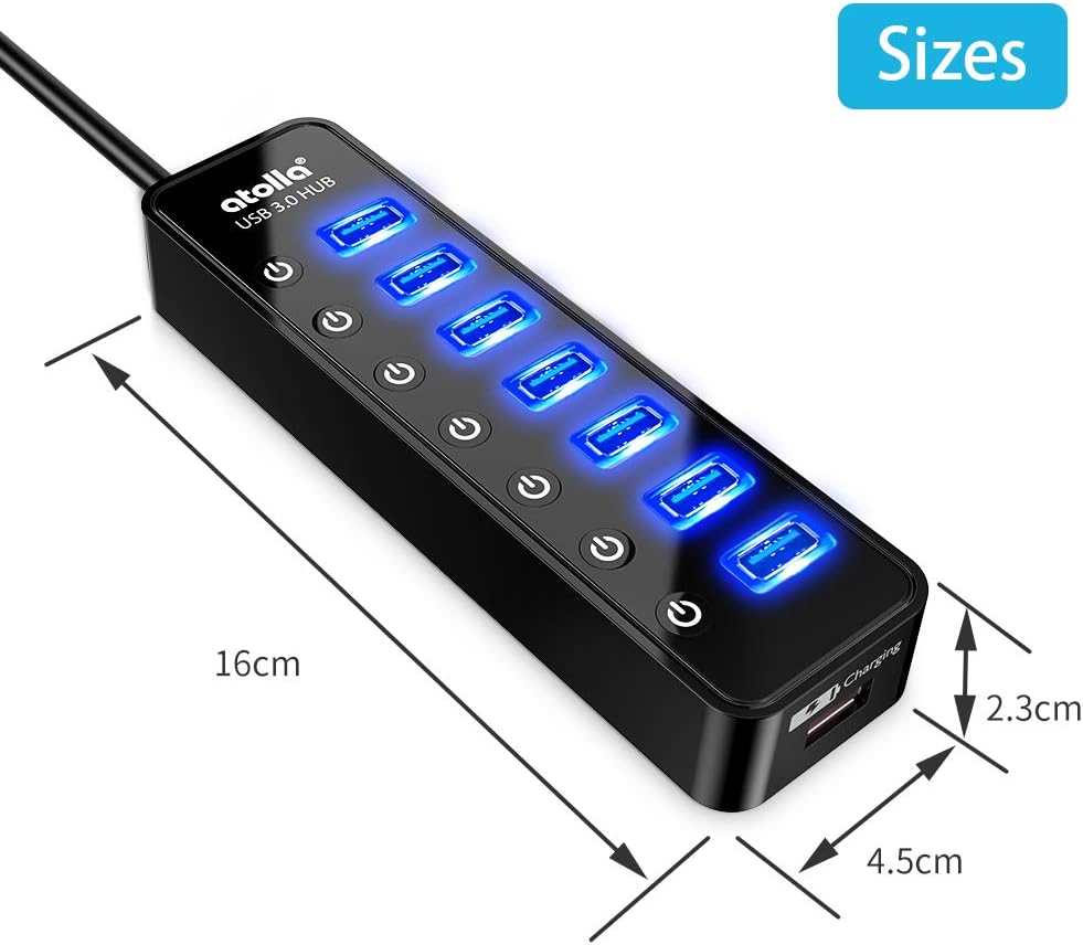 Powered USB Hub 3.0, Atolla 7-Port USB Data Hub Splitter with One Smart Charging Port and Individual On/Off Switches and 5V/4A Power Adapter USB Extension for MacBook, Mac Pro/Mini and More.