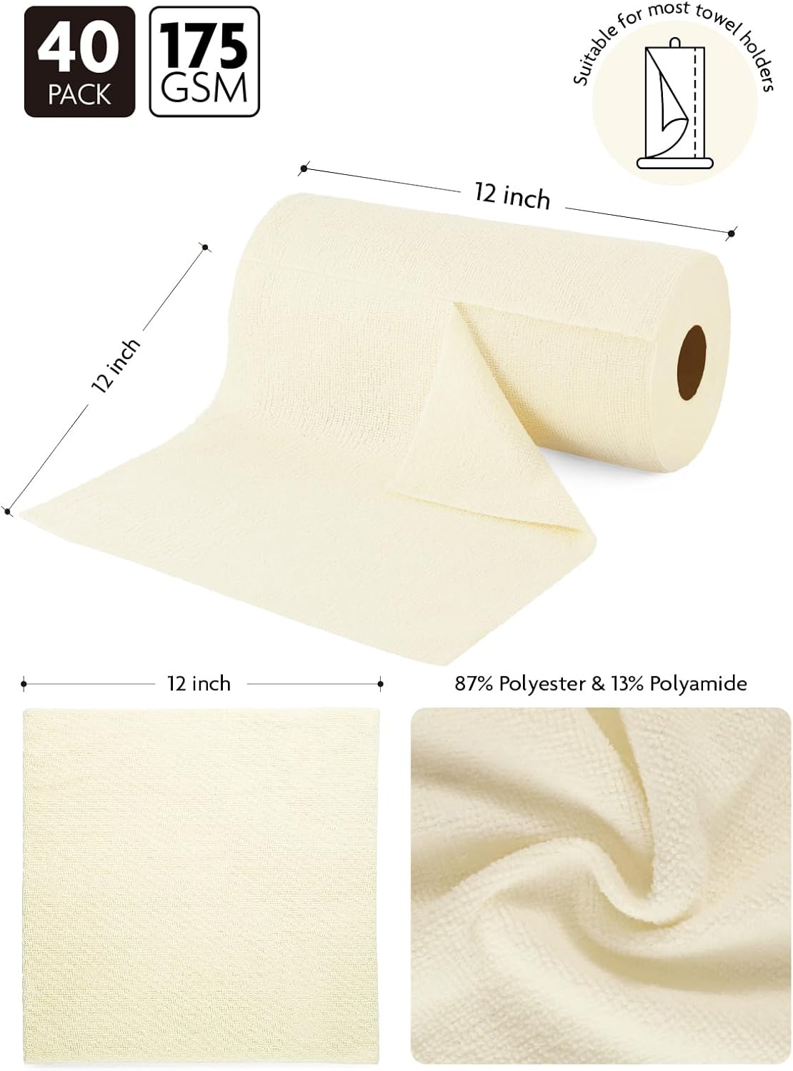 Fantasticlean Microfiber Cleaning Cloth Roll -40 Pack, Tear Away Microfiber Towels, 12" x 12", Reusable, Washable, Scratch Free, Ultra Absorbent Dish Rags for Car, Home, Garage or Shop (Beige)