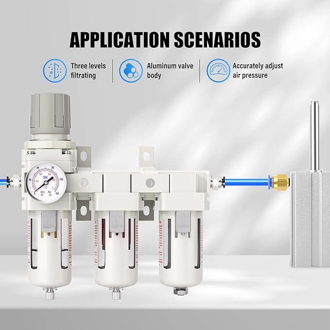 3/8" NPT 3 Stage Aluminium Air Drying System with 150PSI Gauge, Coalescing Filter, Particulate Filter, Desiccant Dryer and Air Regulator, Manual Drain For Plasma Cutter and Paint Spray
