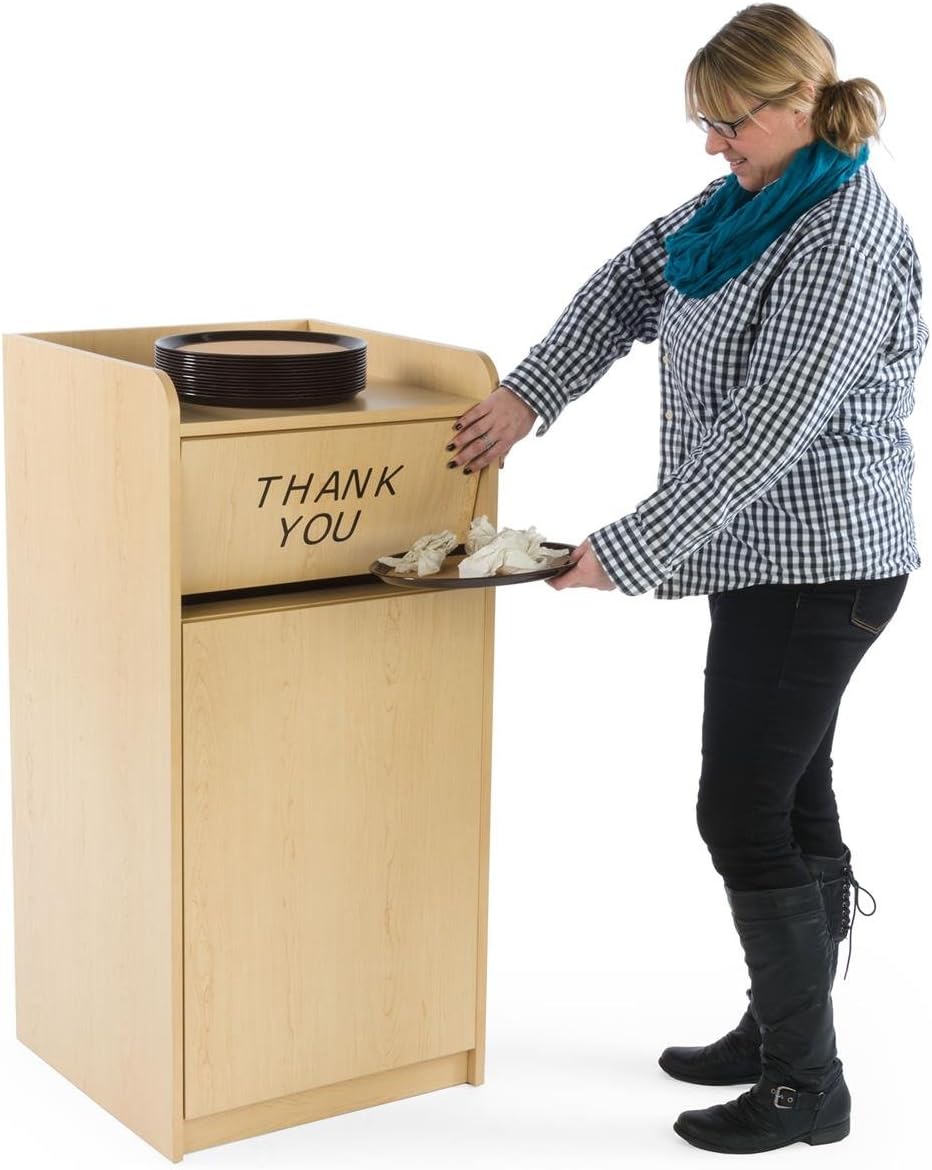 Restaurant Trash Can, Hinged Door, 36 Gallon, Tray Holder,"Thank You" Message (Melamine)