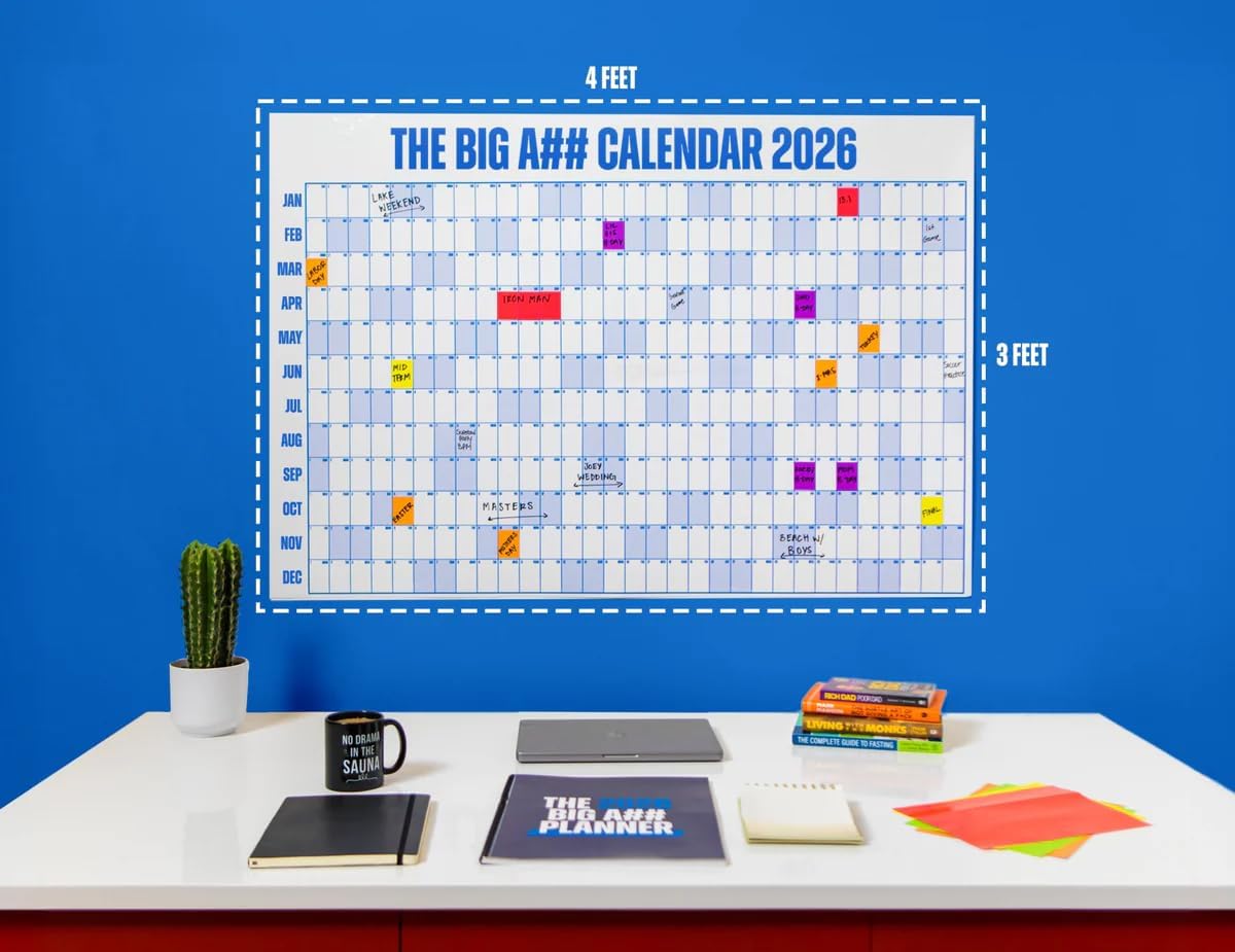 The Big A Calendar Yearly Wall Planner – January to December Dry-Erase Board – Includes 1 Marker & 100 Labels – Lightweight, Easy to Hang Yearly Planner – Plan Goals & Adventures – Gray, 4’x3’