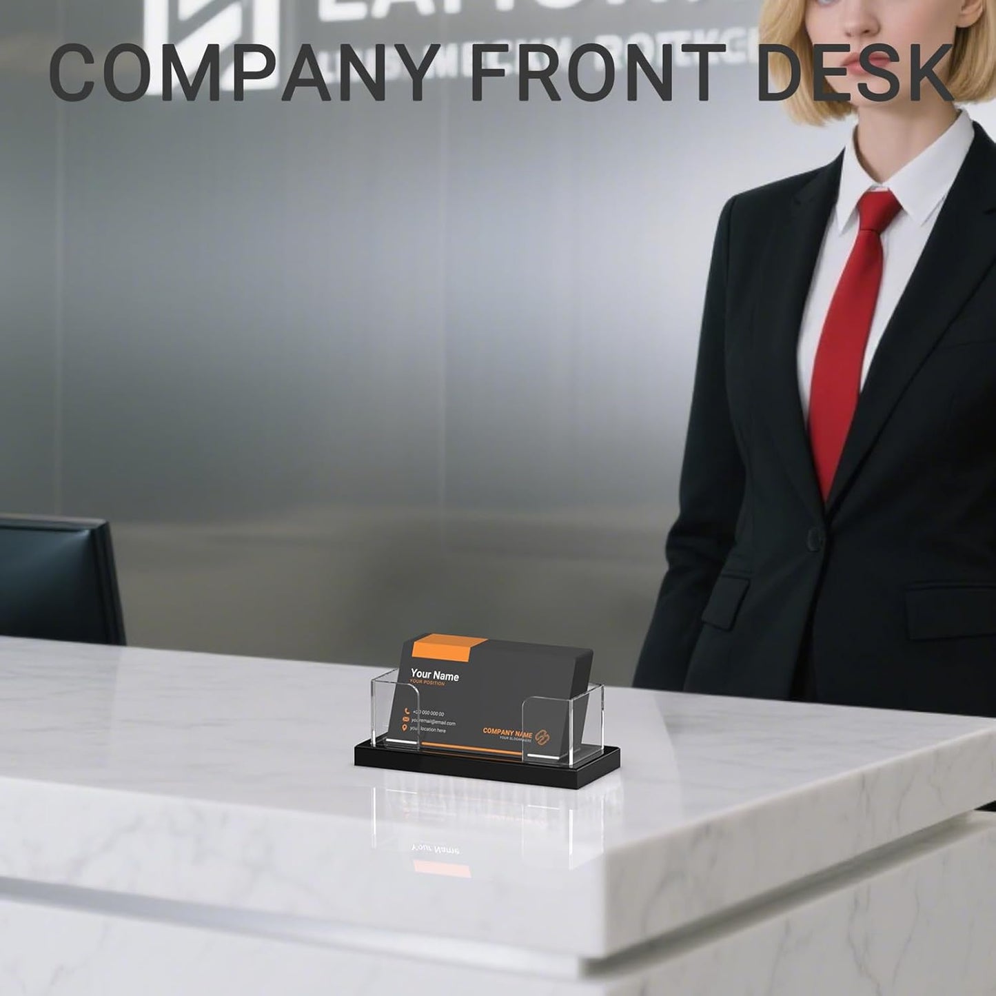 LUGUNU Business Card Holder for Desk 2 Pack – Clear Acrylic Card Display Stand Holds 100 Cards, Office Desktop Organizer(4.5x1.9x1.6inches)