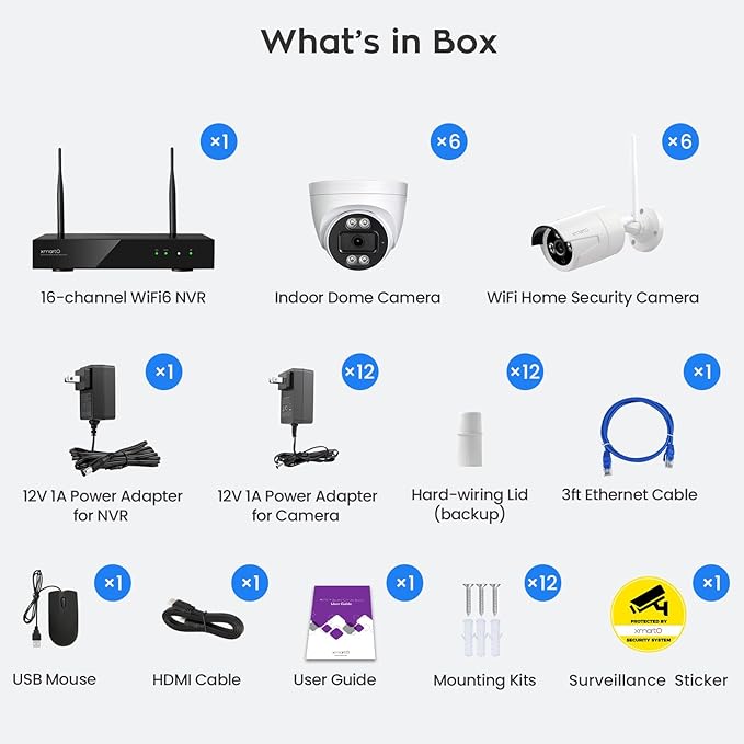 xmartO 16CH 12 Pcs Home Security Camera Kit, 6 * 2K HD Dome Camera and 6 * 2K 3MP Super HD WiFi Home Security Camera, 2-Way Audio, Night Vision, 24/7 Surveillance Camera, No Monthly Fee