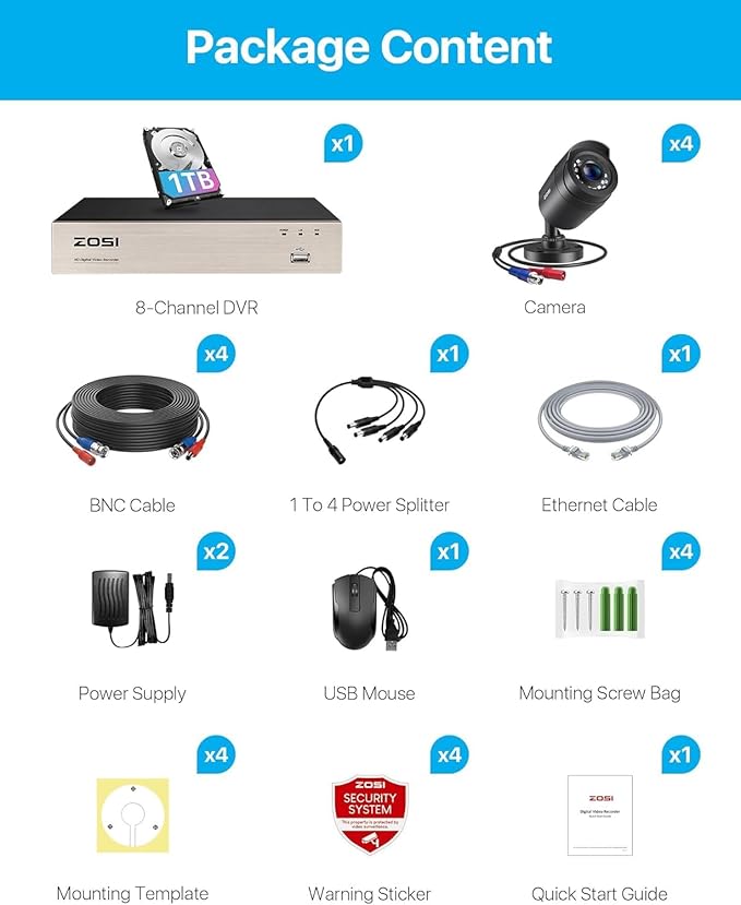 ZOSI 8CH 3K Lite Home Wired Security Camera System with 1TB HDD, AI Human Vehicle Detection, Night Vision, 4pcs 1080P Indoor Outdoor Surveillance Cameras, H.265+ 8 Channel CCTV DVR for 24/7 Recording