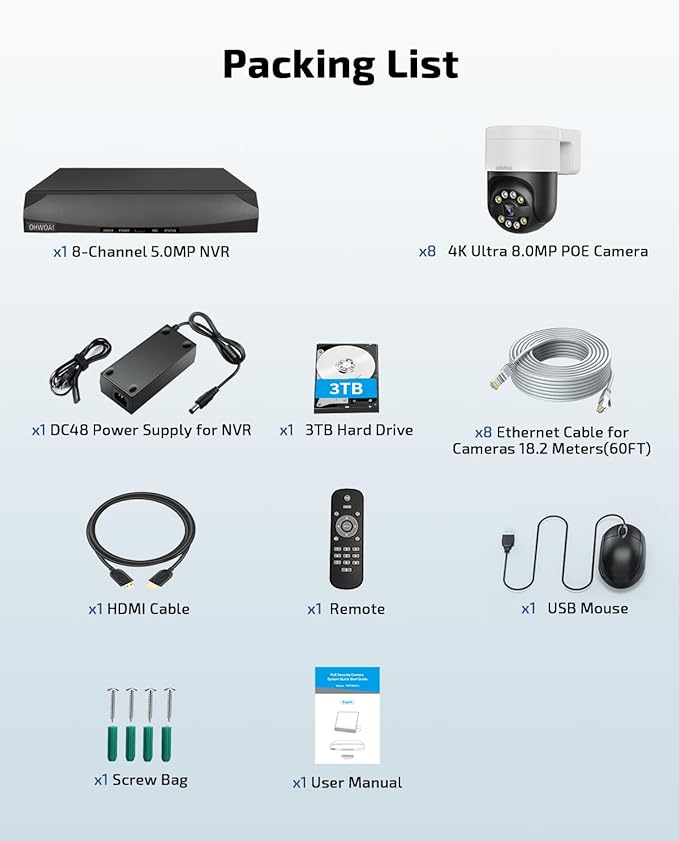 OHWOAI 《2-Way Audio & Auto-Tracking》4K Outdoor Wired Security Camera System,360 Degrees Security PTZ IP Cameras,Surveillance Video Equipment, Surveillance DVR Kits