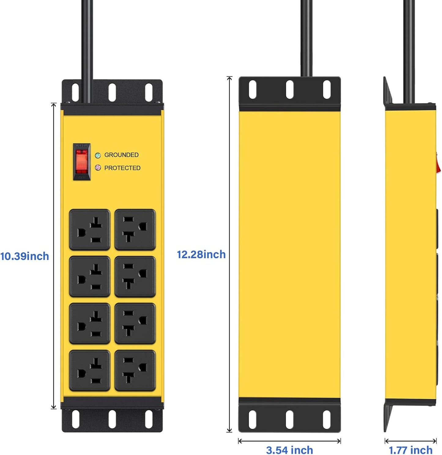 CCCEI Yellow Heavy Duty Power Strip Surge Protector 20 AMP, 8 Outlets 12 Gauge Industrial Shop Garage Metal Multiple Outlets, 10FT Extension Cord 5-15P Adapter High Amp 6-20R T-Slot 20a for Appliance