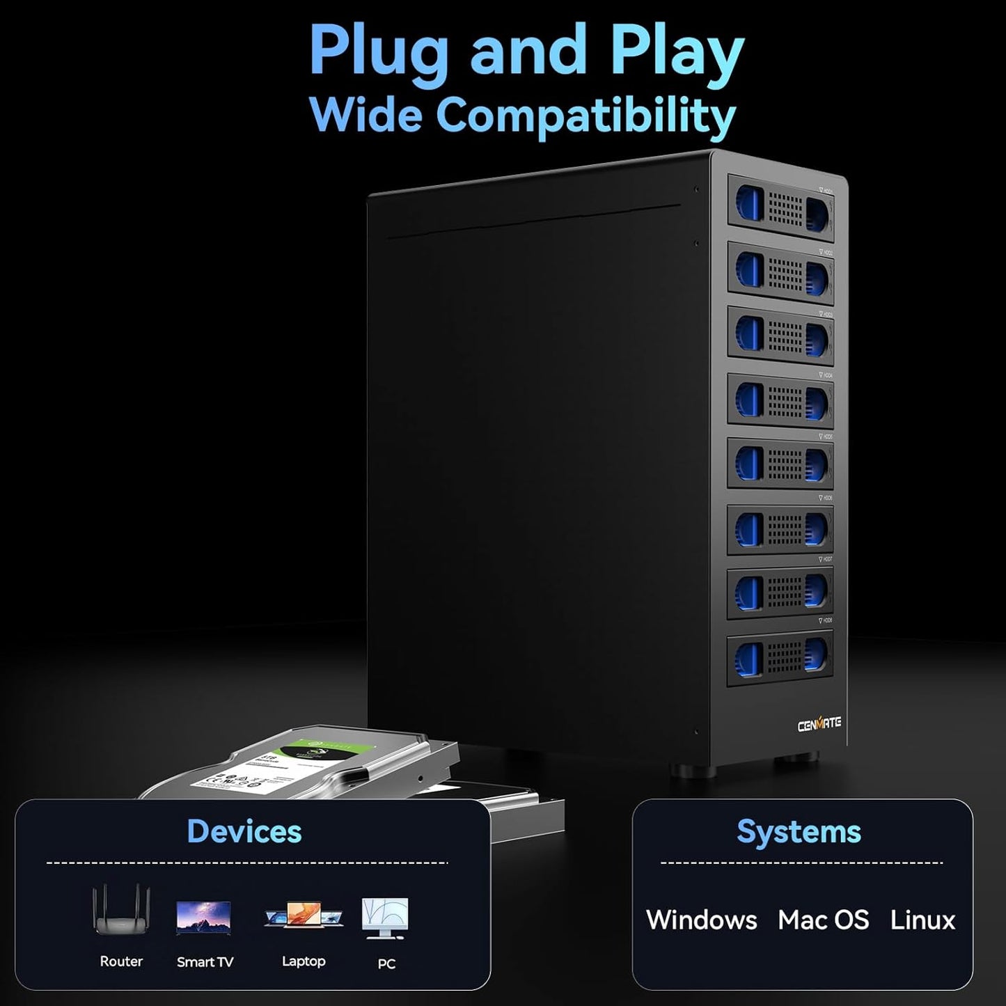 8 Bay Hard Drive Enclosure with Cooling Fan for 2.5/3.5" SATA HDD/SSD with USB A/C 3.0 Cable, 3.5 Hard Drive Enclosure Supports 160TB Capacity, Tool-Free HDD Enclosure, DAS(NO RAID/NAS)