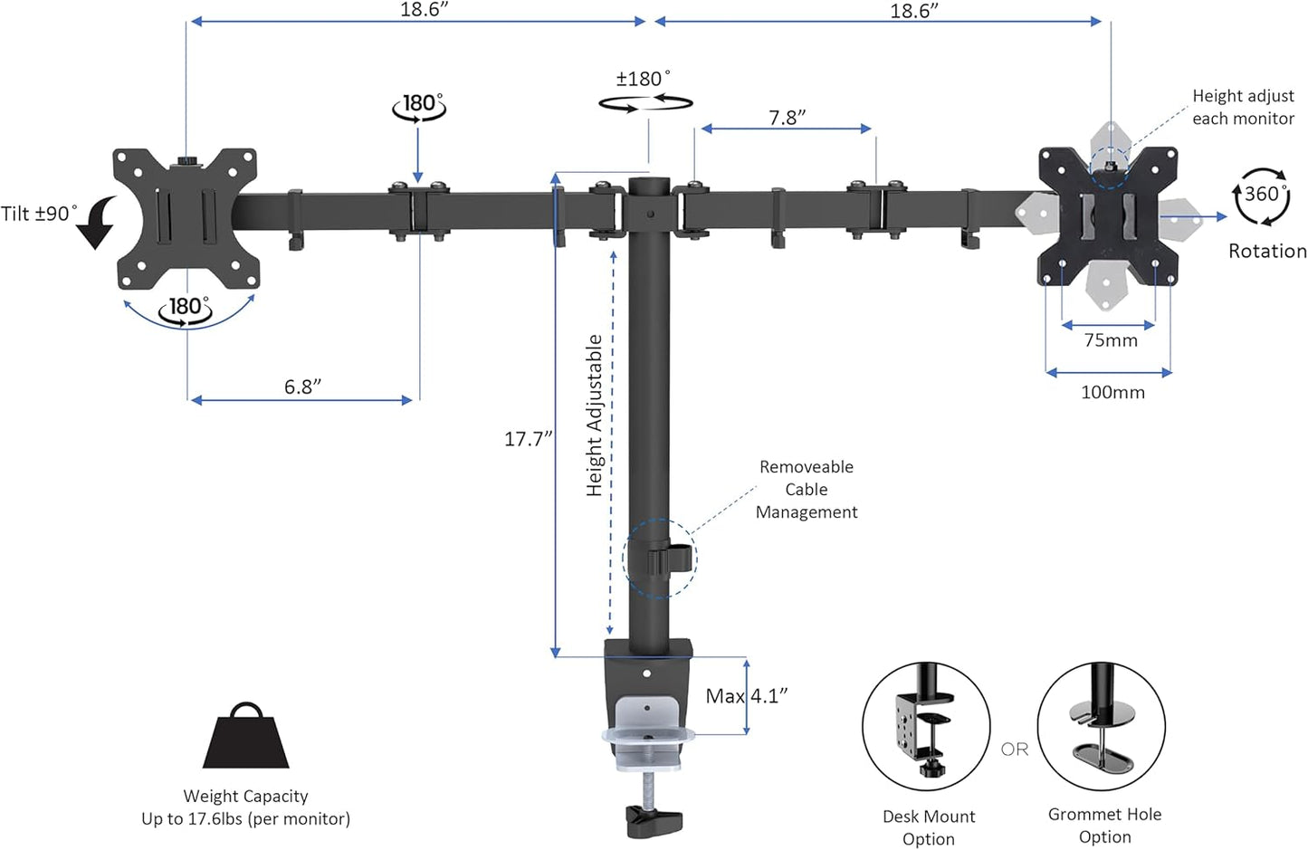 Rocelco 46" Height Adjustable Corner Standing Desk Converter with AC Outlet USB Charger and Dual Monitor Arm Mount - Stand Up Tabletop Riser Workstation - Keyboard Tray - Black (R CADRB-46-ACUSB-DM2)