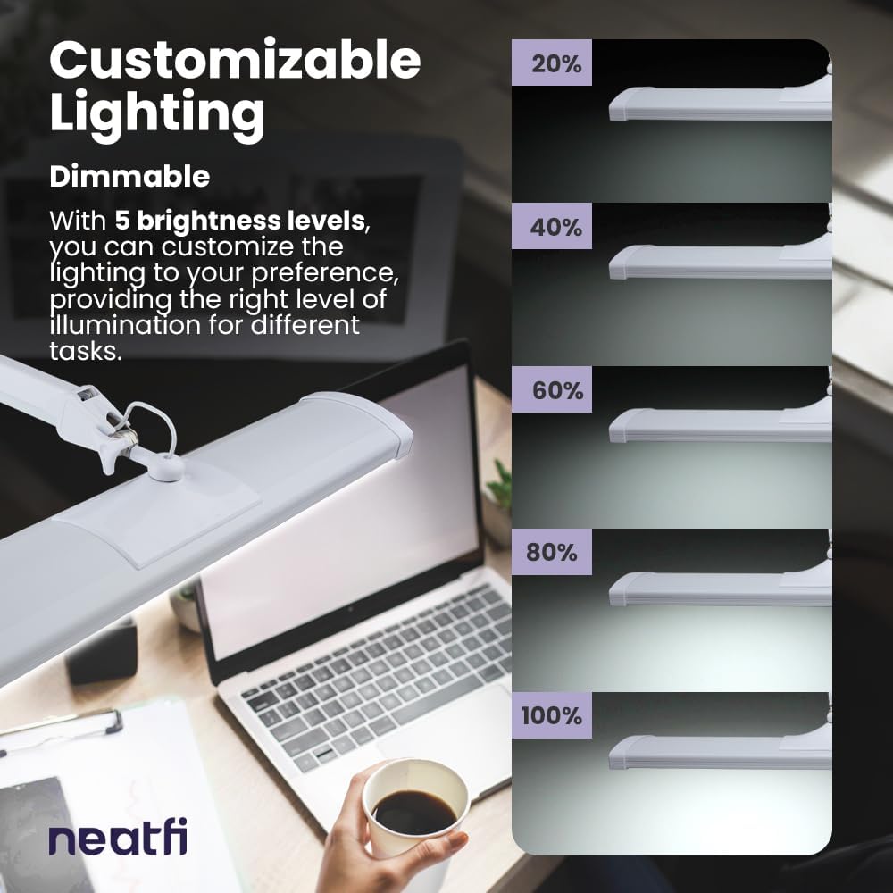 Neatfi Ultra 3,500 Lumen LED Desk Lamp, 45W, 26-Inch Wide Metal Shade, 270 SMD LEDs (Non-CCT with Clamp, White)