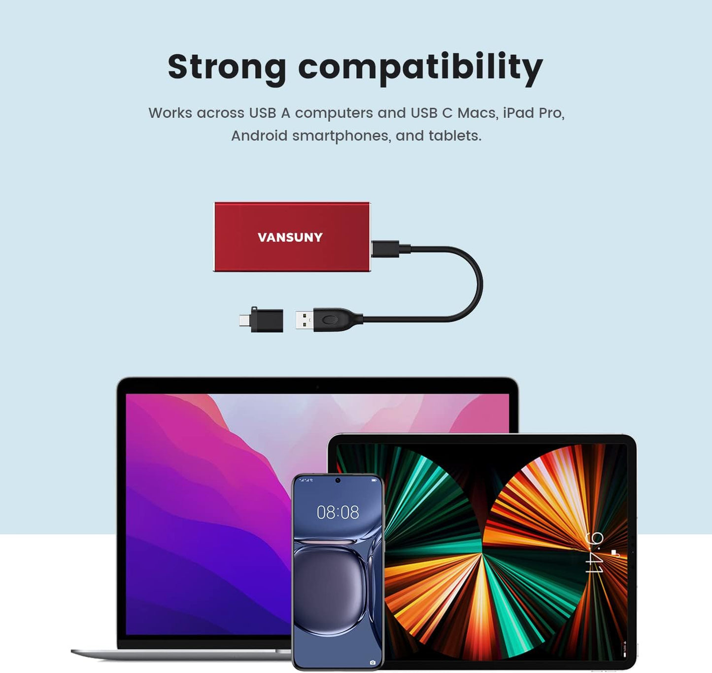 Vansuny 1TB Portable External SSD, USB 3.1 Gen2 540MB/s High-Speed Data ssd External Hard Drive USB C, Metal Mini Portable External Solid State Drive, Red