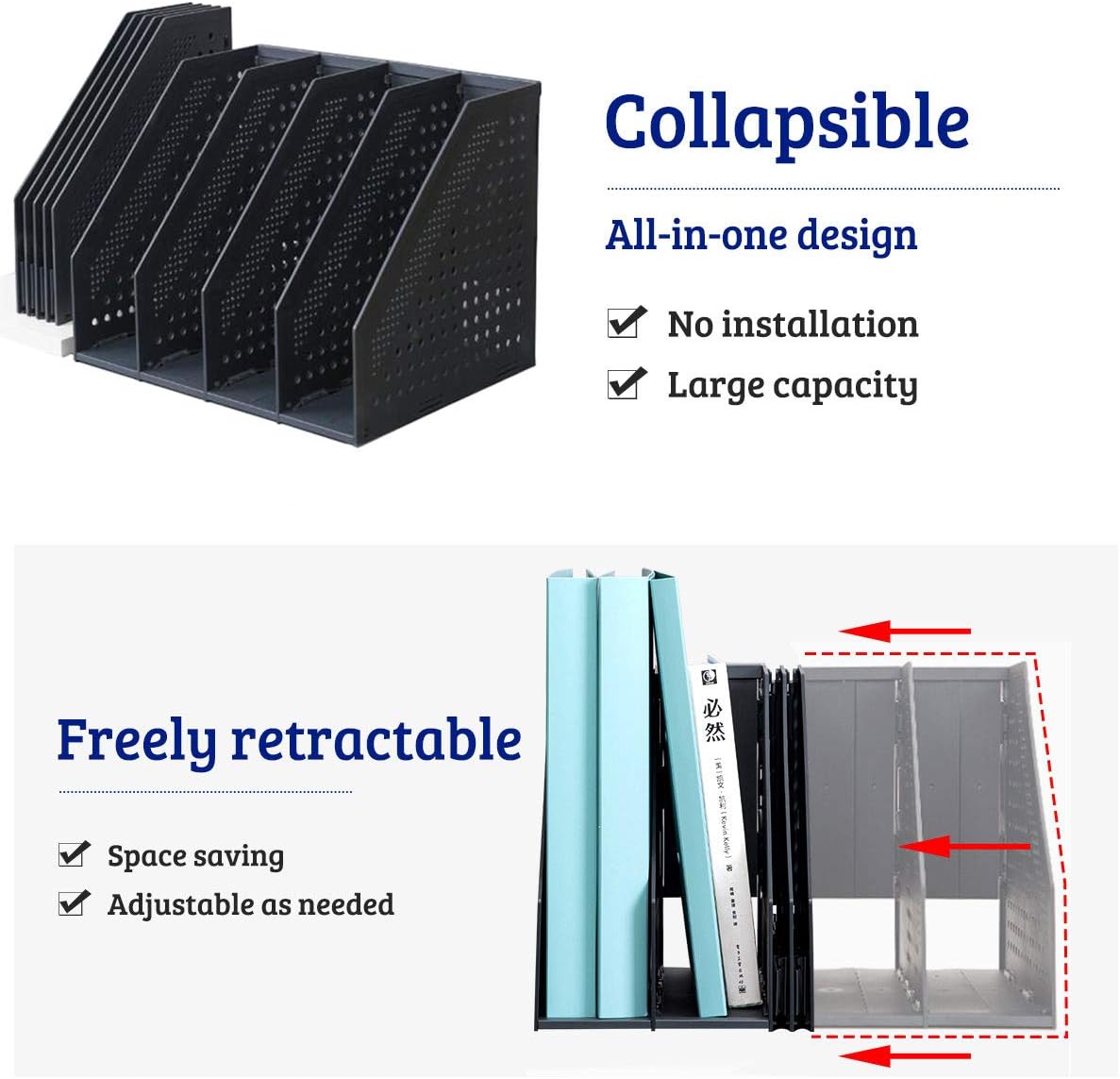 Lemical Magazine Holder 4 Vertical Compartments Collapsible Magazine File Holder Space Saving Rack Home Kitchen Desk Organizer No Need Assemble (Black)