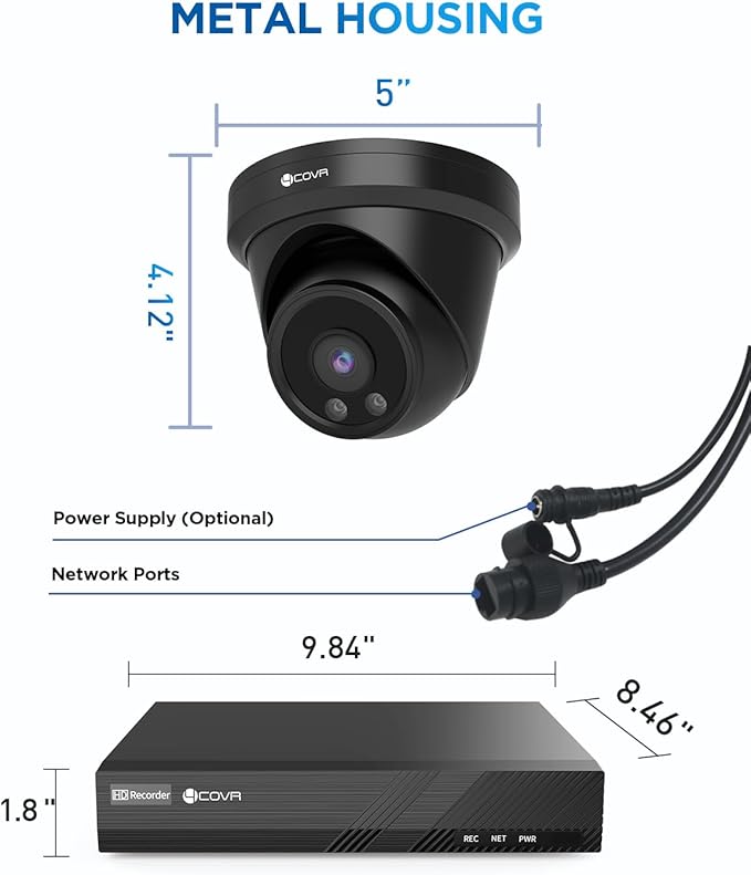 4COVR PoE Security Camera System Outdoor, Person Vehicle Detection & Night Vision, 4Pcs 5MP Wired Dome IP Camera with Audio IP67 Home Weatherproof, 8CH 8MP H.265 NVR with 2TB HDD, LY97AB5M0804