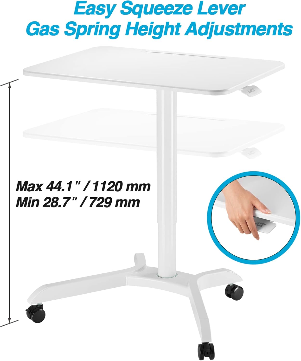 AVLT 44-inch Ambidextrous Pneumatic Laptop Standing Desk Cart (3 ft 8 in), Mobile Rolling Desk with Adjustable Height, Folding Computer & Projector Cart, White Cart with Brakes