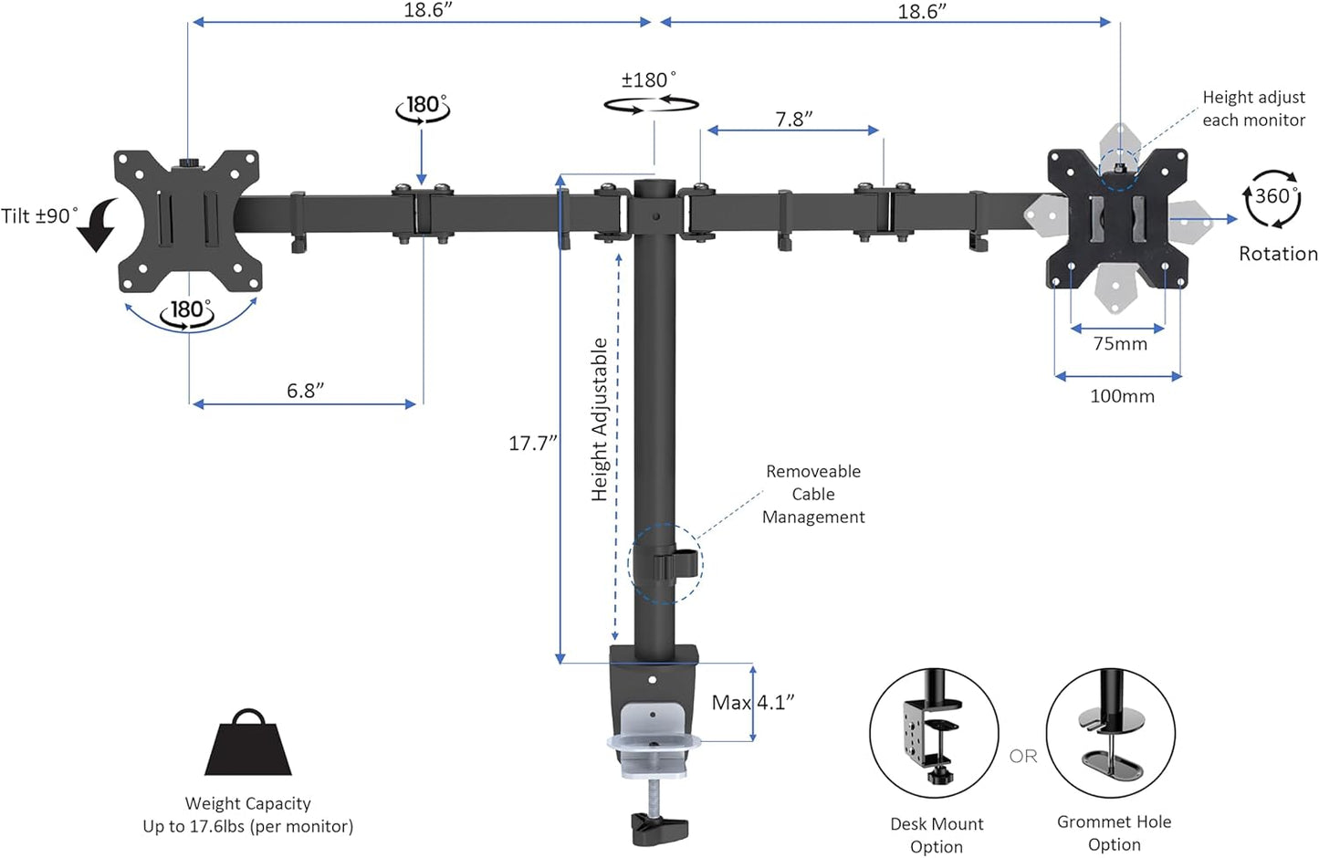 Rocelco 37.5" Height Adjustable Standing Desk Converter with Dual Monitor Mount and Slide Out Retractable Keyboard Tray - Sit Stand Up Double Screen Tabletop Riser Workstation - White (R DADRW-DM2)