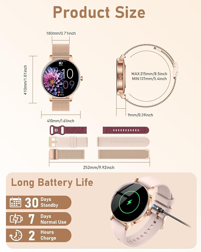Smart Watch for Women, Answer/Make Call,1.27'' Touchscreen, 120+ Sports Modes Fitness Tracker, 24H Heart Rate/SpO2/Sleep/Menstrual Cycle/IP68 Fitness Watch for Android iOS, 4 Straps (Rose Gold)