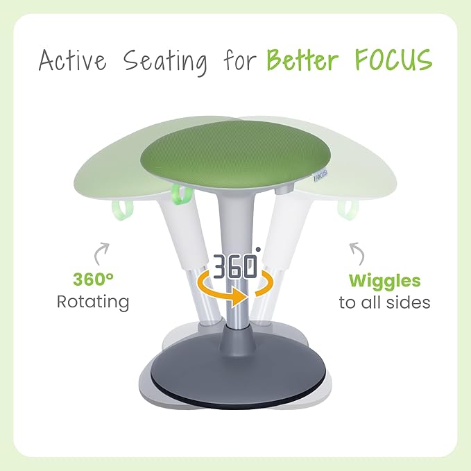 Wobble Stool for Kids Ages 7–12; Adjustable Height Wobble Stools for Classroom Seating with Soft Cushion; Flexible Wiggle Chair for Focus and ADHD Support + Bonus Visual Timer (Nature Green)