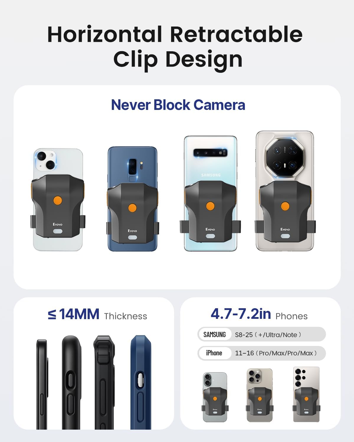 Eyoyo Bluetooth Barcode Scanner Wireless: Portable Phone Back Clip 1D Bar Code Reader for Library, Retail Store, Book Inventory - Fast UPC ISBN Scanner Compatible with 4.7"-7.2" Android Phone, iPhone