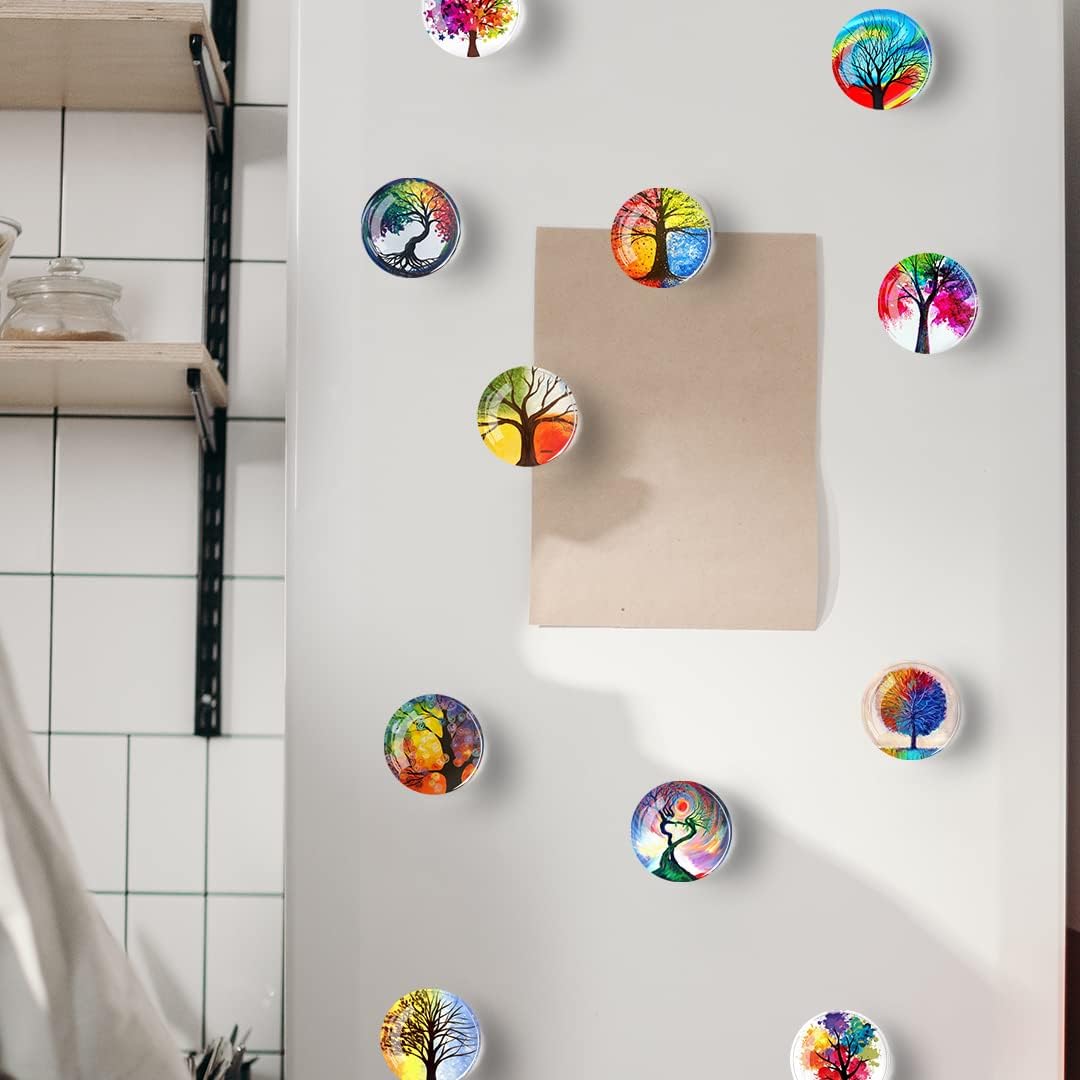 12Pcs Glass Refrigerator Magnet Fridge Sticker,Life Tree Crystal Fridge Magnets Decoration for Crafts,Strong Fridge Magnets for Kitchen, School,Office Whiteboard, Cabinet and Dishwasher (Life Tree)
