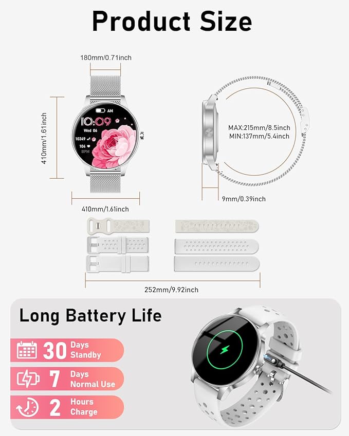 Smart Watch for Women, Answer/Make Call,1.27'' Touchscreen, 120+ Sports Modes Fitness Tracker, 24H Heart Rate/SpO2/Sleep/Menstrual Cycle/IP68 Fitness Watch for Android iOS, 4 Straps (Silver)