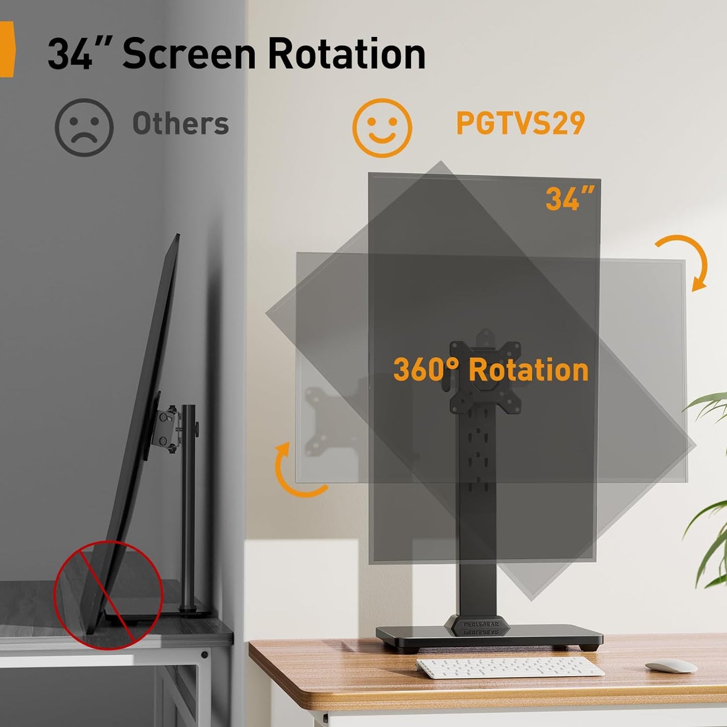 Perlegear Monitor Stand, Freestanding Monitor Mount for 13-34 inch Screens with 360 Degree Rotation, 5 Height Settings, Adjustable Desk Riser with Swivel and Tilt, Max VESA 100x100mm, PGTVS29