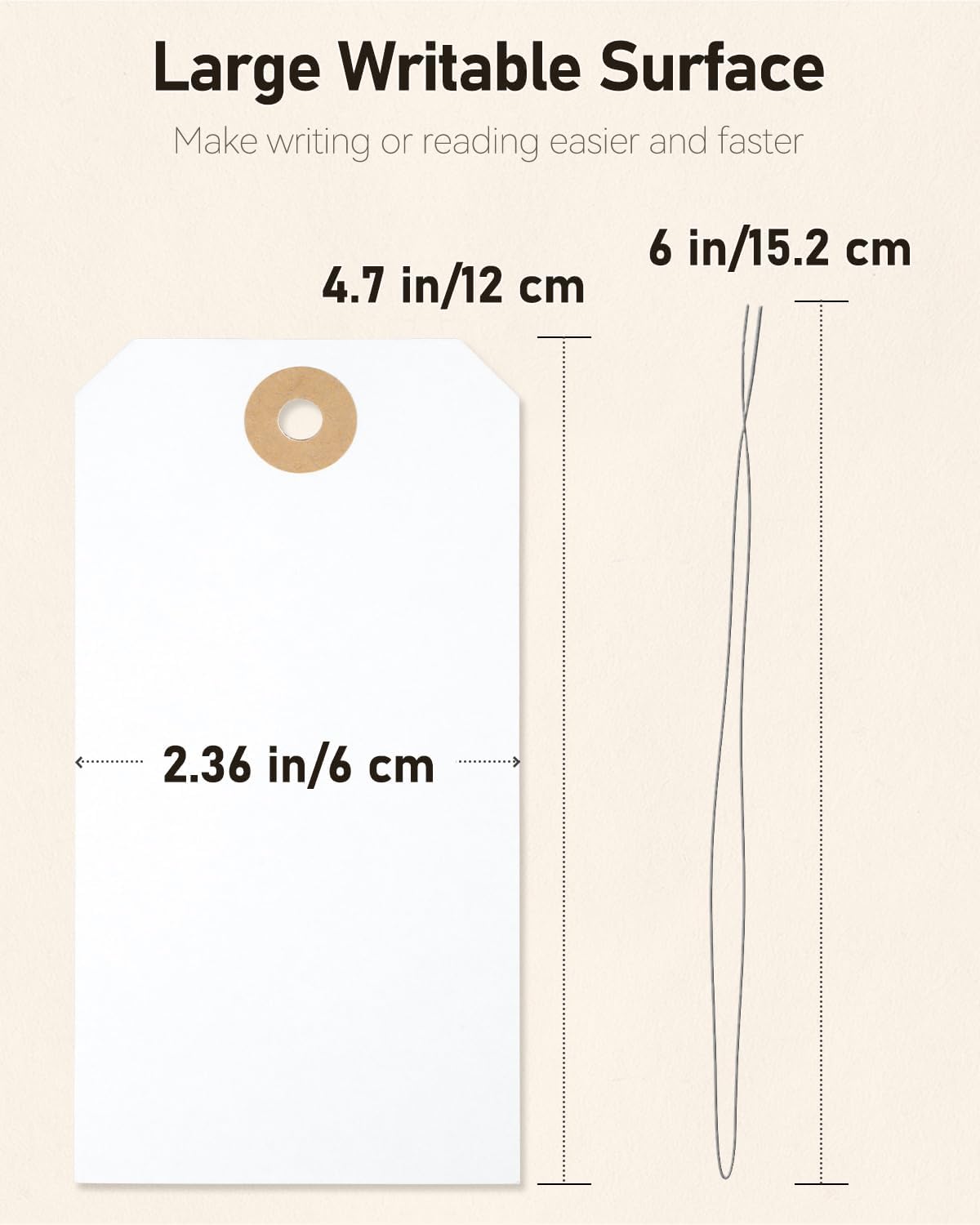 Uniclife 100 Pcs Manila Tags White Blank Shipping Tags with Wire Attached 4.7 Inch Paper Tags Hang Tags with Reinforced Eyelet Large Marking Tags Writable Price Tags Inventory Label Tags, 4.7" x 2.36"