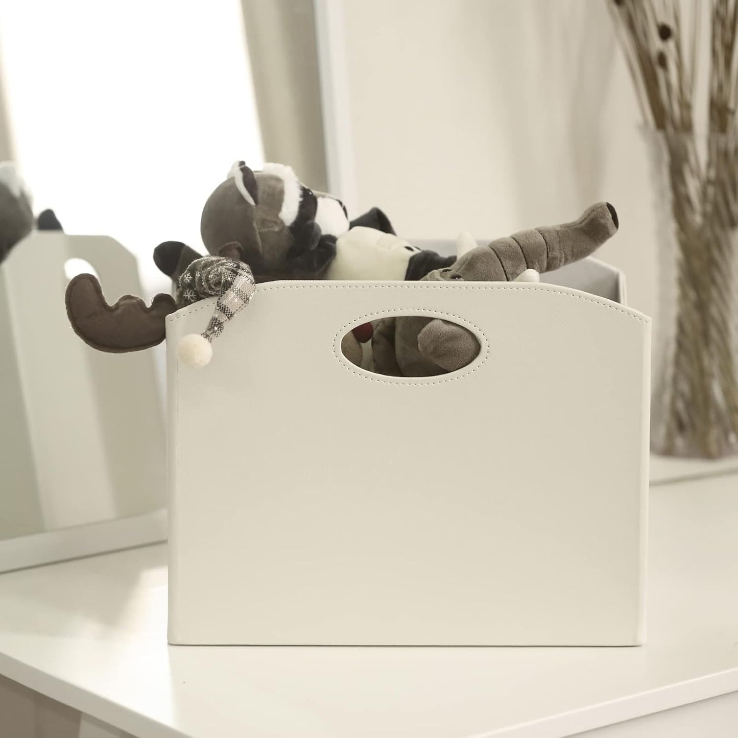 EZDeco Magazine Holder Foldable Magazine Rack Floor PU Leather File Holder Newspaper Book Storage Basket Document File Folder Organizer for Office Home (Off-white-1)