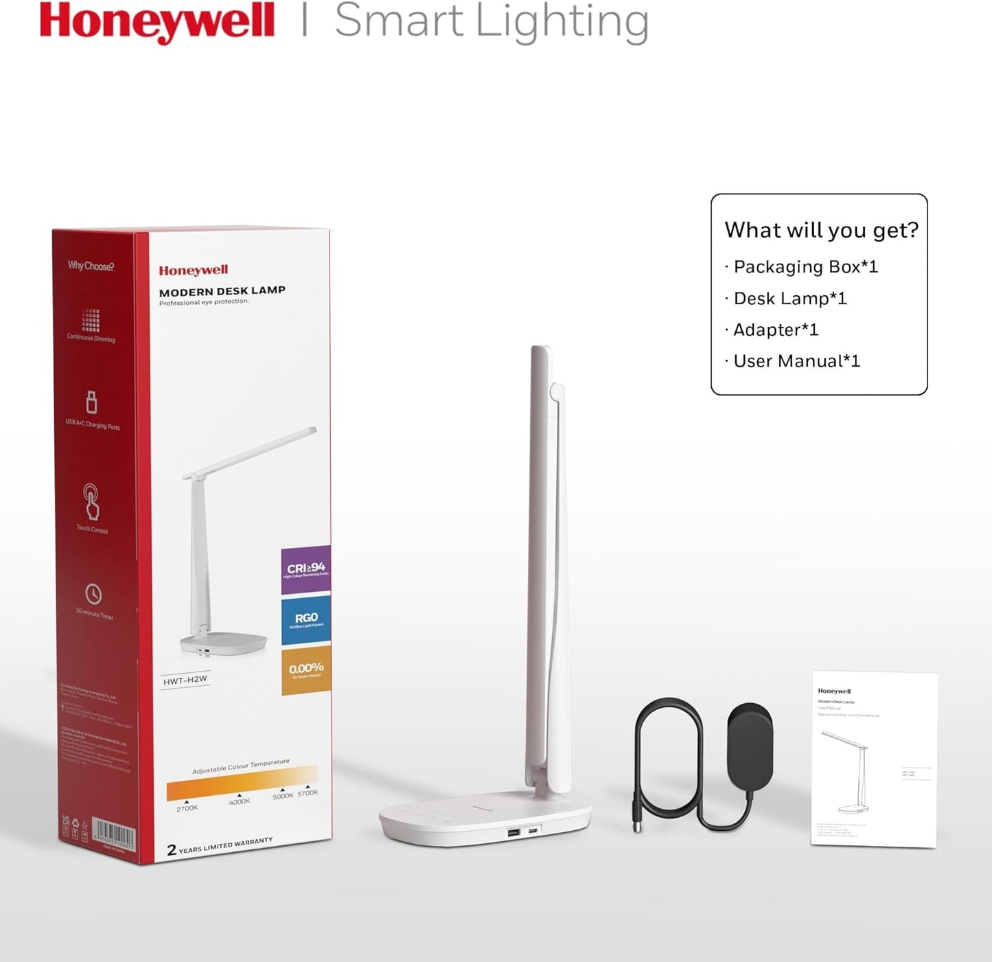 HONEYWELL LED Desk Lamp - HWT-H2 Sunturalux™ Eye-Caring Foldable Desk Light with USB A+C Dual Charging Port 4 Color Modes Dimmable Table Lamp for Home Office Bedroom Reading Study Work - White