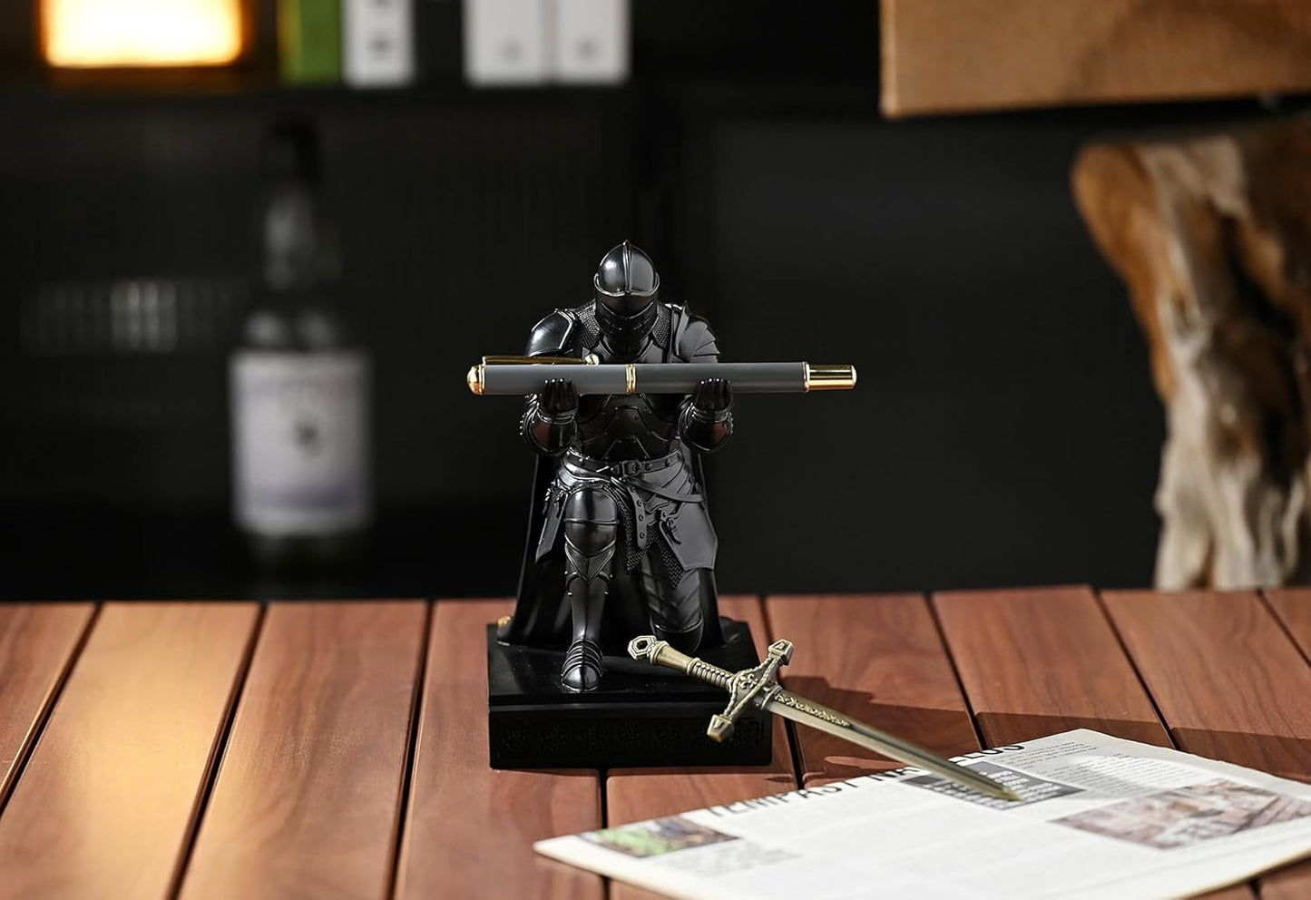 Medieval Armored Warrior Wearing Outerwear, Mobile Phone Stand Knight Pen Holder Desk Organizers, Resin Bookends Paperweight with a Letter Opener for Desk (Black)