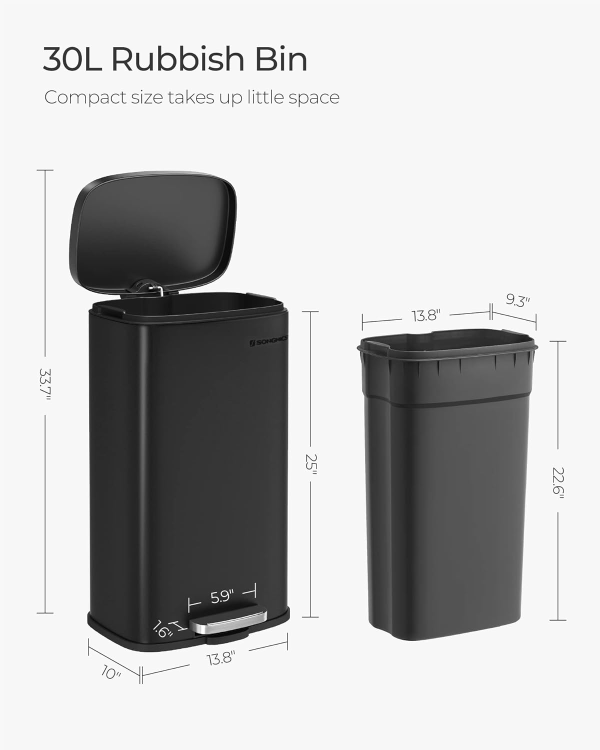 SONGMICS Trash Can with Lid, 8 Gallon Garbage Can, Stainless Steel Small Waste Bin with Step Pedal and Inner Bucket, Soft Close, Kitchen, Black ULTB102B01