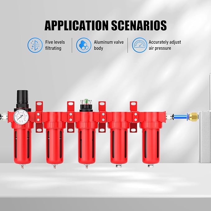 1/2" NPT Industrial Grade 5 Stage Aluminum Air Drying System,Double Coalescing Filter,Particulate Filter,Double Desiccant Dryer and Air Regulator,Manual Drain For Plasma Cutter and Paint Spray