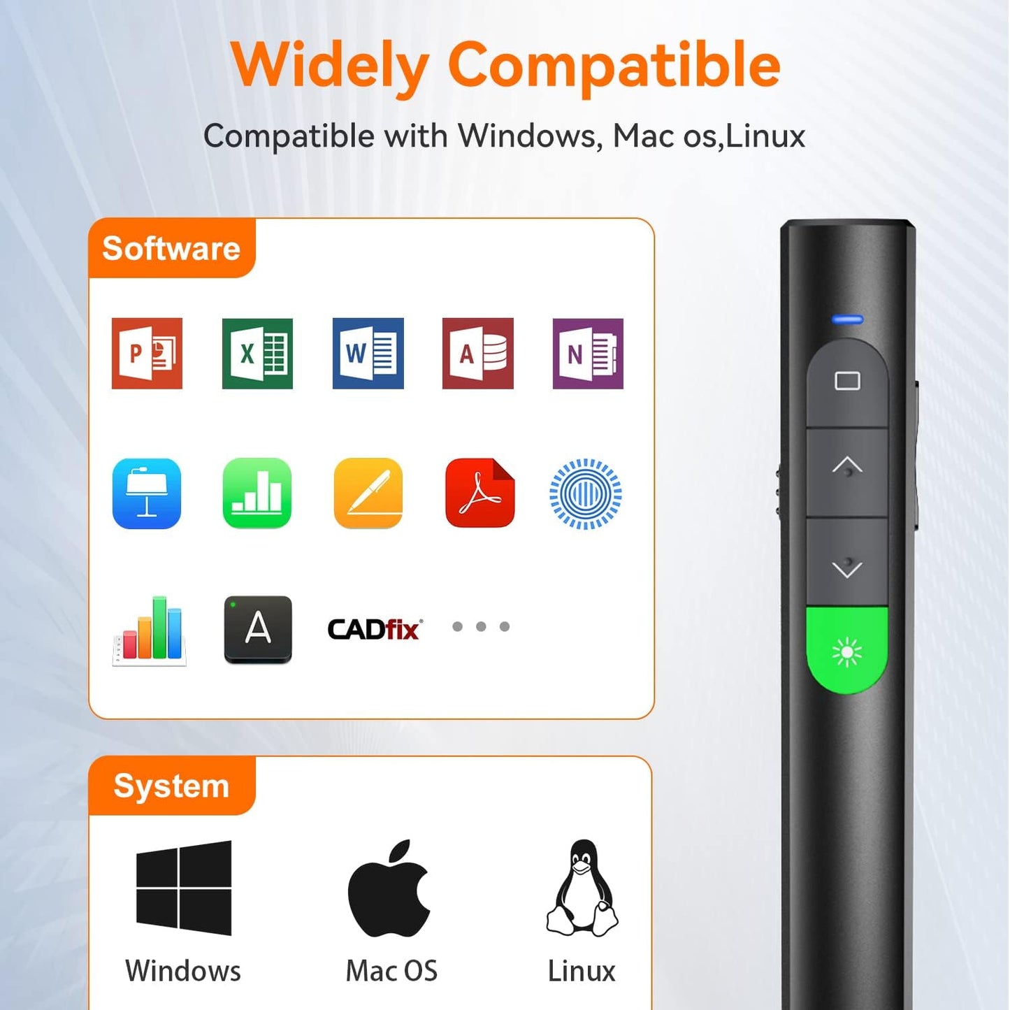 Wireless Presentation Clicker PowerPoint Presenter Remote: Rechargeable Green Laser Pointer Clickers for Computer/Mac/PPT/Slideshow/Google Slide Advancer