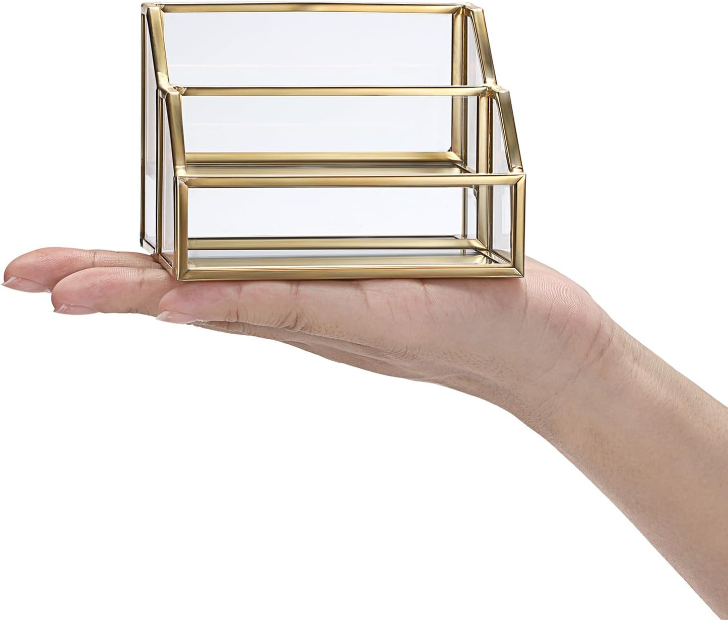 Hipiwe Glass Business Card Holder 2 Slots Gold Business Card Stand Mirrored Base Name Display Holder for Desk Multiple Clear Business Card Holder Display for Office