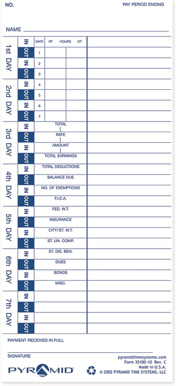 Pyramid Time Systems - 30% Recycled Time Cards (35100-10PK5) for Pyramid Models 3500, 3500ss, 3600SS, and 3700 Time Clock and Document Stamp, Single Sided Time Sheets (4 X 9 in) - 500 Time Cards