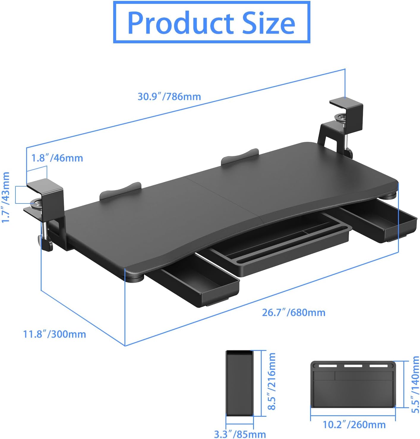 suptek Under Desk Keyboard Tray with Storage Drawer – 26.7" x 11.8" Large Workspace, Heavy-Duty C-Clamp Mount, Adjustable Height, Easy Installation – Perfect for Home Office, DSF6CT