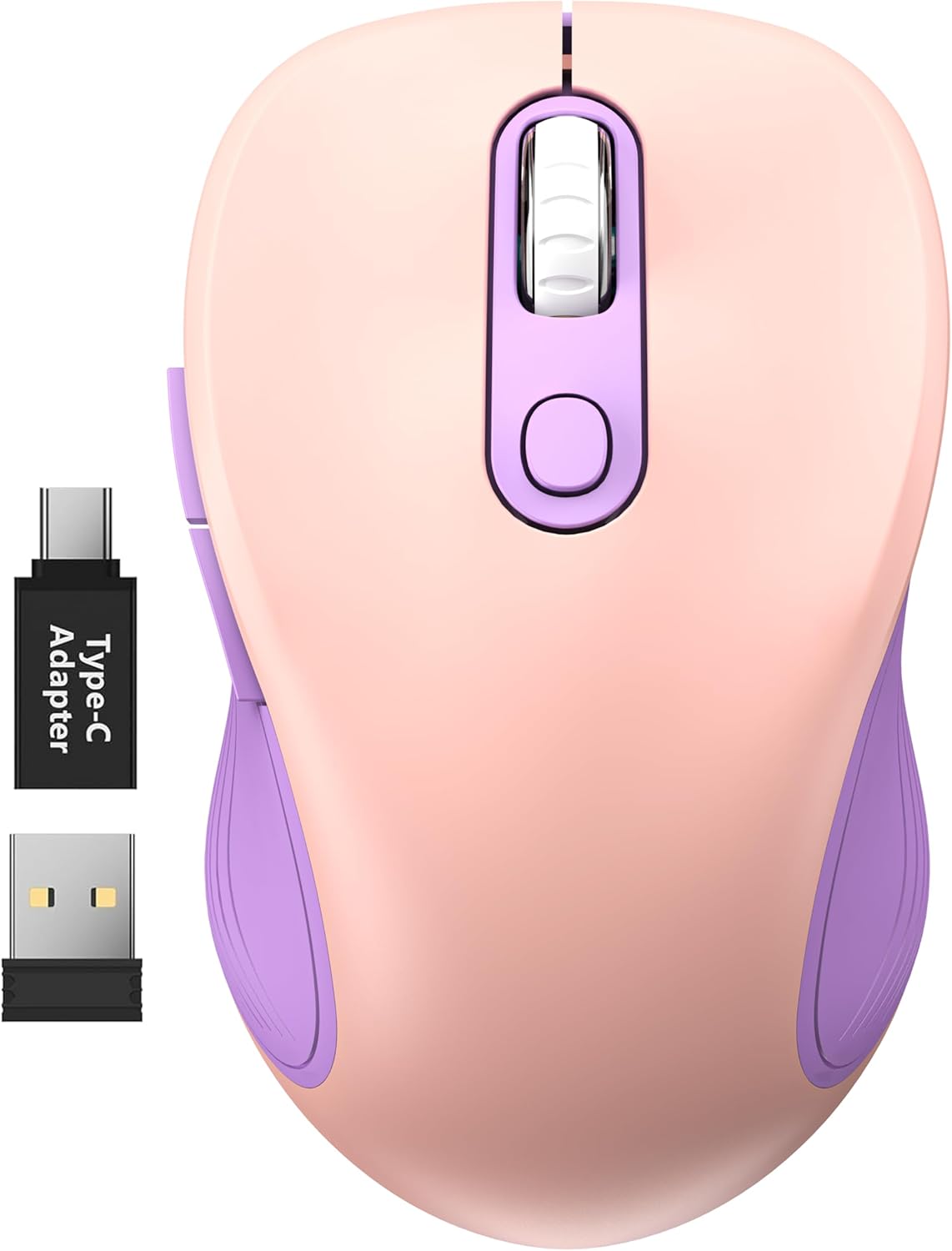 WisFox 2.4G Wireless Mouse for Laptop, Ergonomic Computer Mouse with USB Receiver and Type-C Adapter, 3 Adjustable Levels DPI, 6 Button Cordless Wireless Mice (Purple and Pink, 1 Pack)